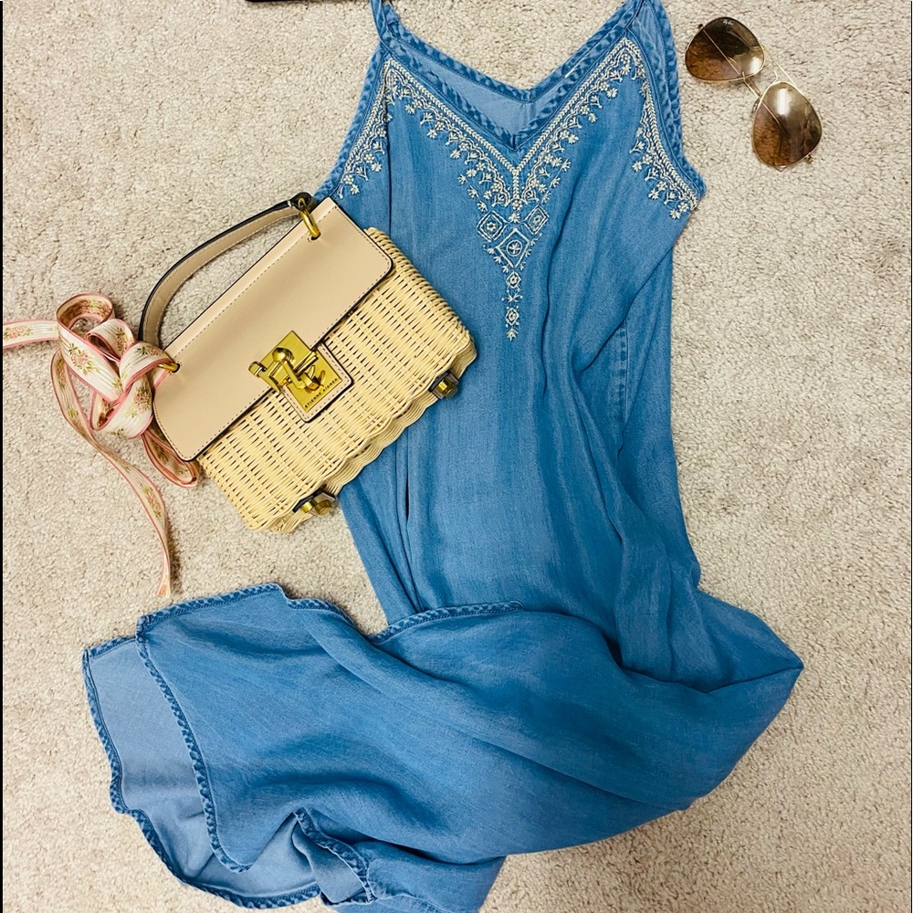 Boho chic embroidered denim tank dress size m